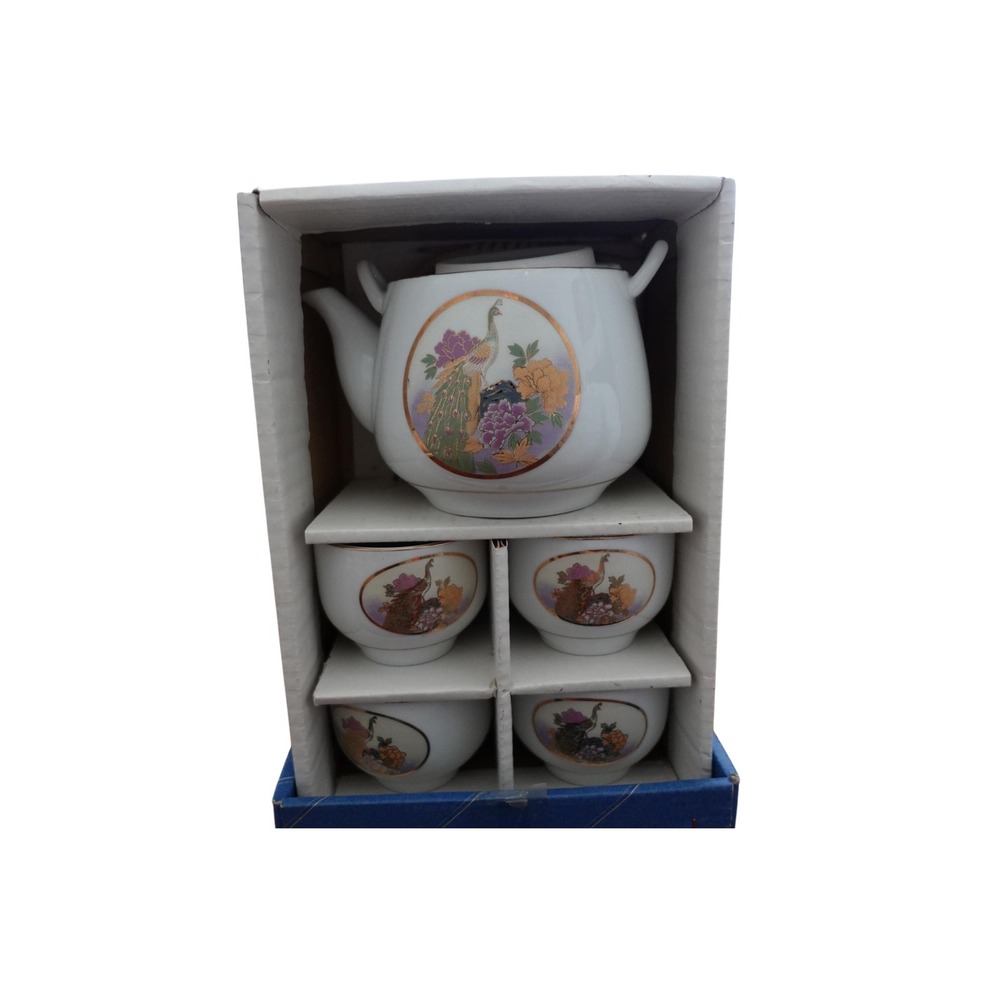 Japanese Kyogama fine‎ china bamboo handle gold peacock design Complete Tea Set